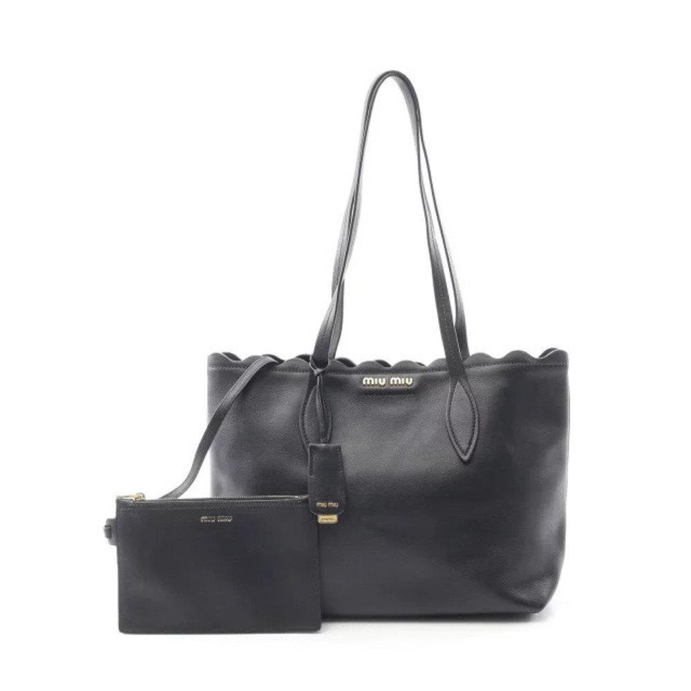Miu Miu black leather tote bag with a scalloped top edge